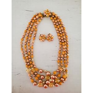 Vintage Japan Triple Strand Pink & Gold Tone Faux Pearl Necklace and Earring Set